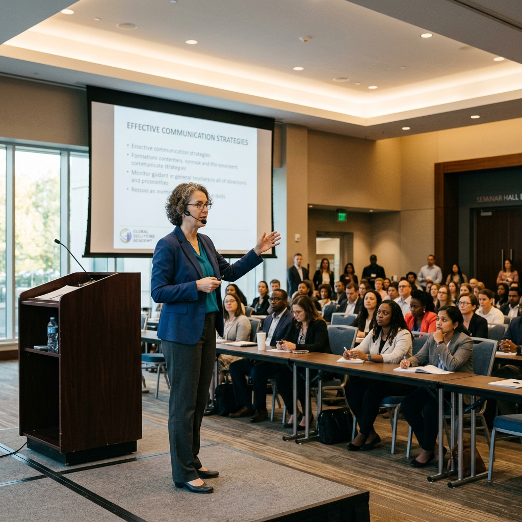 Presenter giving a seminar on effective communication strategies to a seated audience