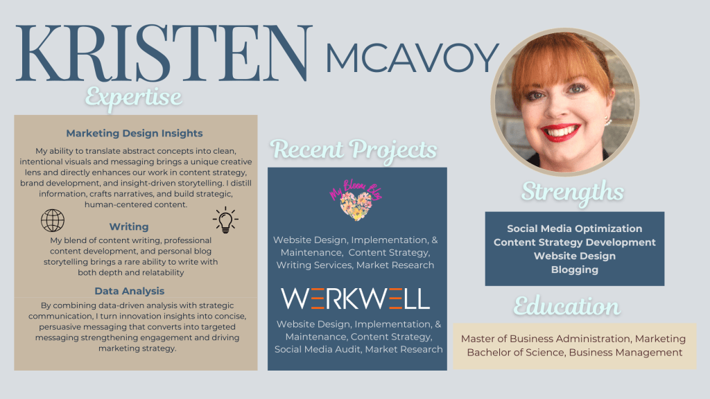 Graphic showcasing Kristen McAvoy's expertise in marketing design insights, writing, and data analysis. Highlights recent projects, strengths in social media optimization and content strategy, and educational background including an MBA and Bachelor's degree in Business Management.