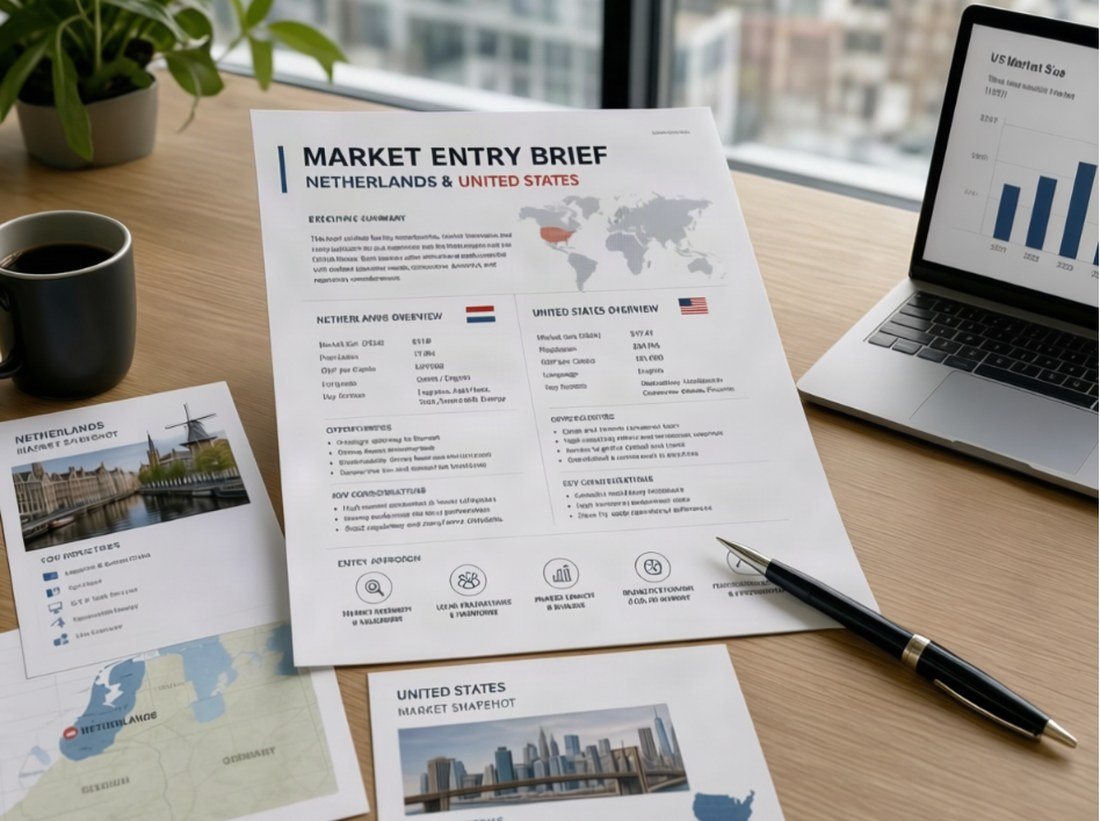 Business research and analysis report with market data on a desk