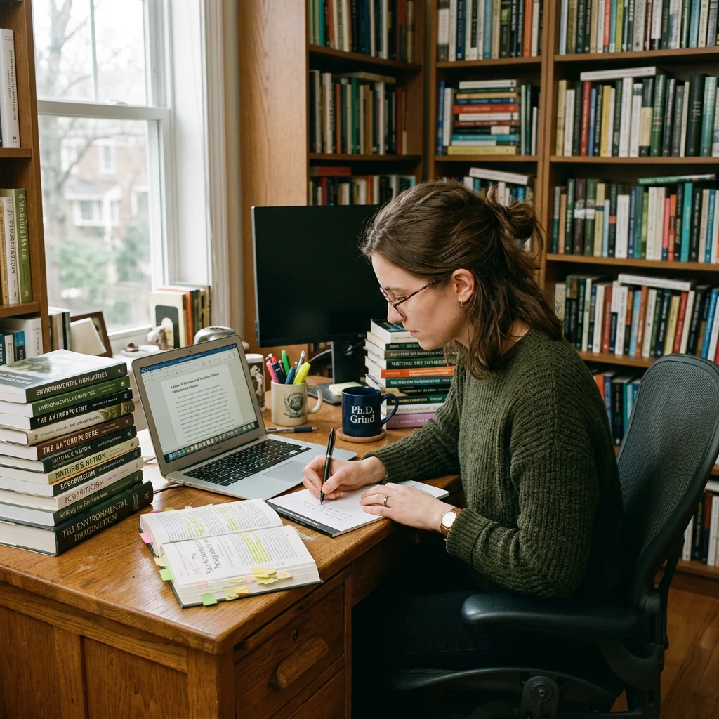 A student taking notes at a wooden desk beside a laptop and stacks of books, with full bookshelves behind her